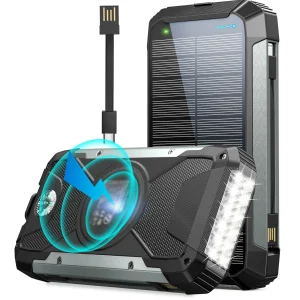 18,400mAh Solar Power Bank Wireless Charger for Phone Datachable Cables Bright Camping Light Emergencies Outdoor