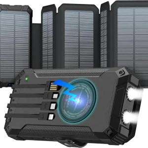 16,000mAh Solar Power Bank with 5 Multiple Folding Solar Panels Portable Wireless Charger Dual Flashlights for Outdoor Battery Pack