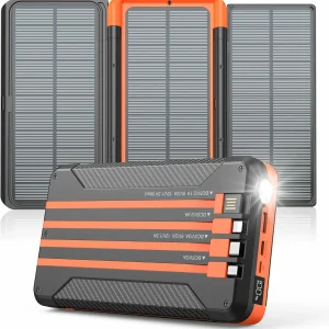 16,000mAh Solar Power Bank 3 Foldable Solar Panels PD20W Output External Battery Pack with SOS LED Light for Outdoor