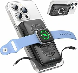 10,000mAh Portable Power Bank Magnetic Wireless Charger for Phone and Watch Built-in Cables USB-C PD20W Fast Charging for Daily Use