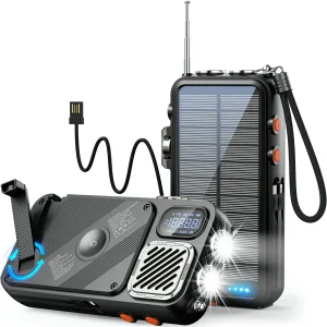 16,000mAh FM Radio Wireless Charger Rugged Solar Powered Speaker Hand Crank for Outdoor Adventures Power Bank Display