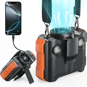 8,000mAh Portable Waist Fan 5 Speeds with Bluetooth Speaker & Flashlight Outdoor Power Bank for Camping