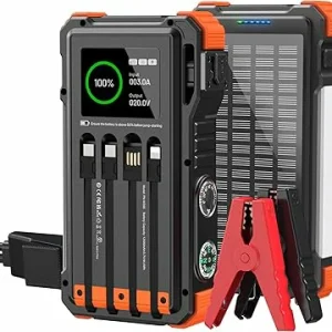 12,000mAh Solar Jump Starter Portable Solar Charger 5000A Peak 12V Car Battery Jump Starter for Up to 10.0L Gas & 6.0L Diesel Engines Car Essentials